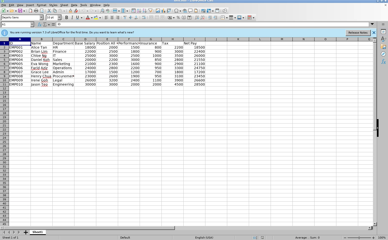 Correct ten-row LibreOffice payroll sheet produced by ASIL