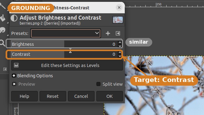 Annotated GIMP dialog with the Contrast slider boxed as the target among similar sliders