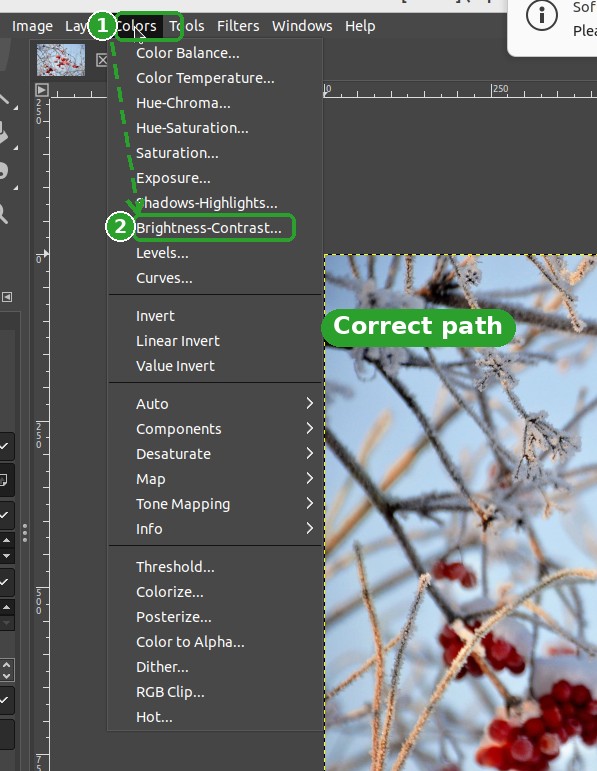 Annotated: agent follows the correct path through the Colors menu to Brightness-Contrast