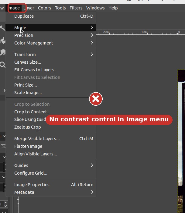 Annotated: agent opens GIMP's Image menu, marked as having no contrast control