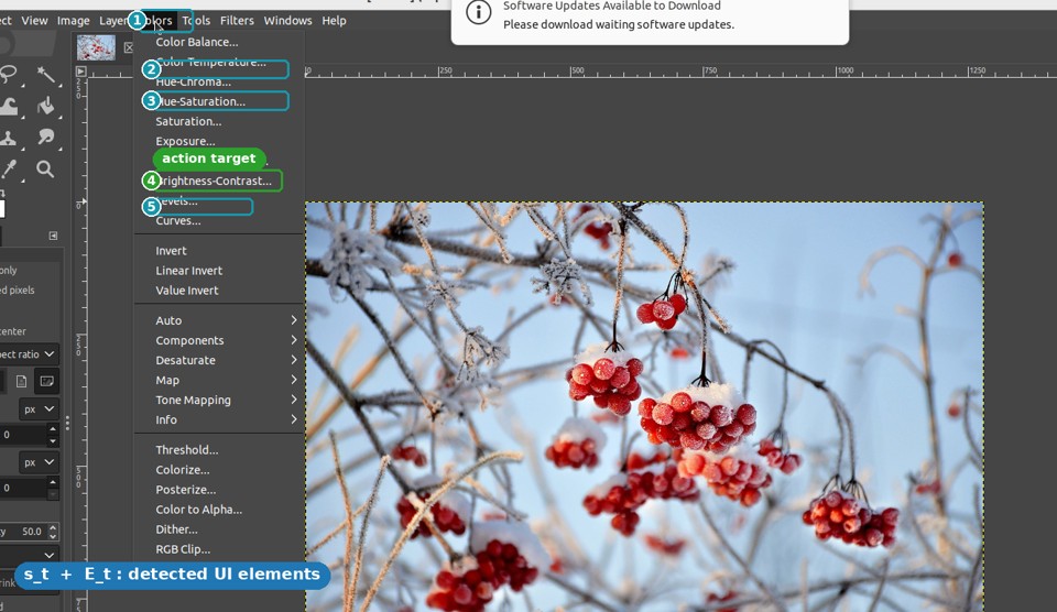 Keyframe s_t: GIMP Colors menu with OmniParser-detected UI elements boxed and numbered