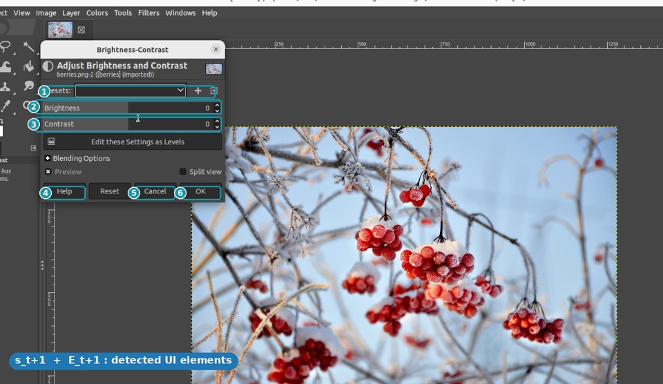 Keyframe s_t+1: Brightness-Contrast dialog with OmniParser-detected UI elements boxed and numbered